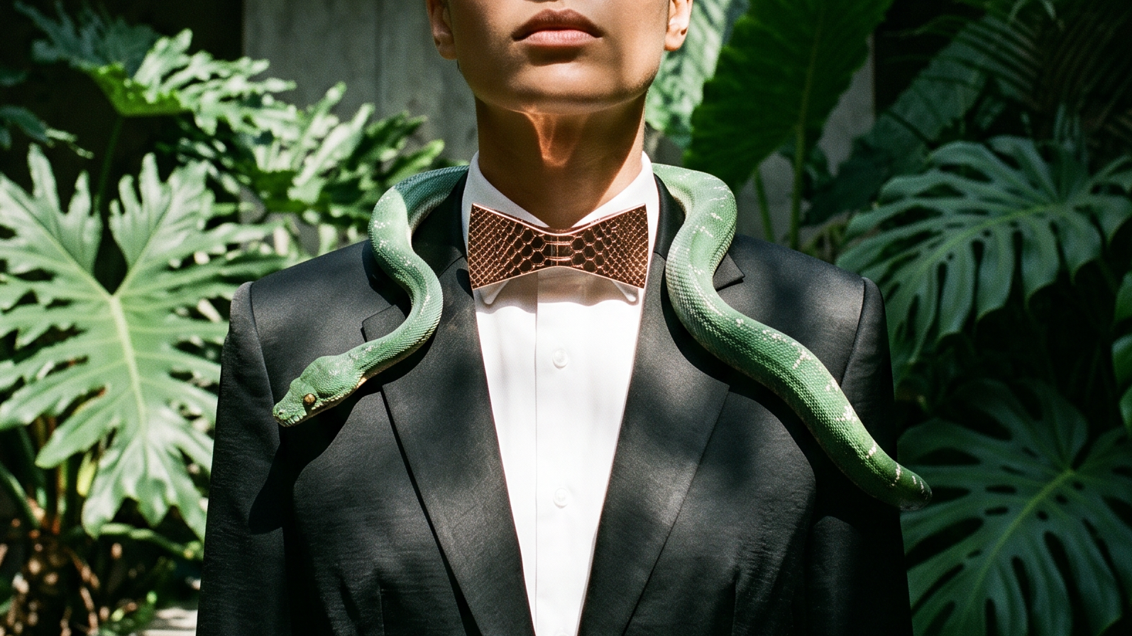 Person wearing a black suit with green accents in an indoor setting with plants