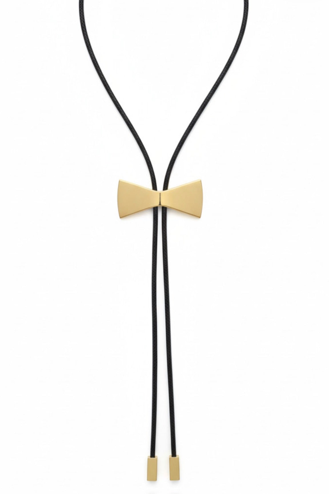 A black cord bolo tie necklace with a polished gold bow-shaped center and gold-toned metal tips, shown on a clean white background.