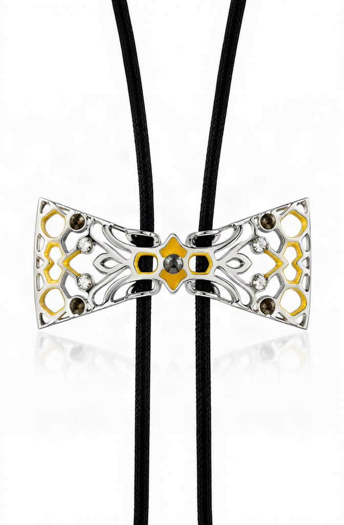 A silver-toned bow tie-shaped pendant necklace with yellow gold accents, clear and dark brown gemstones, and black elastic cords, shown on a white background with a soft reflection.