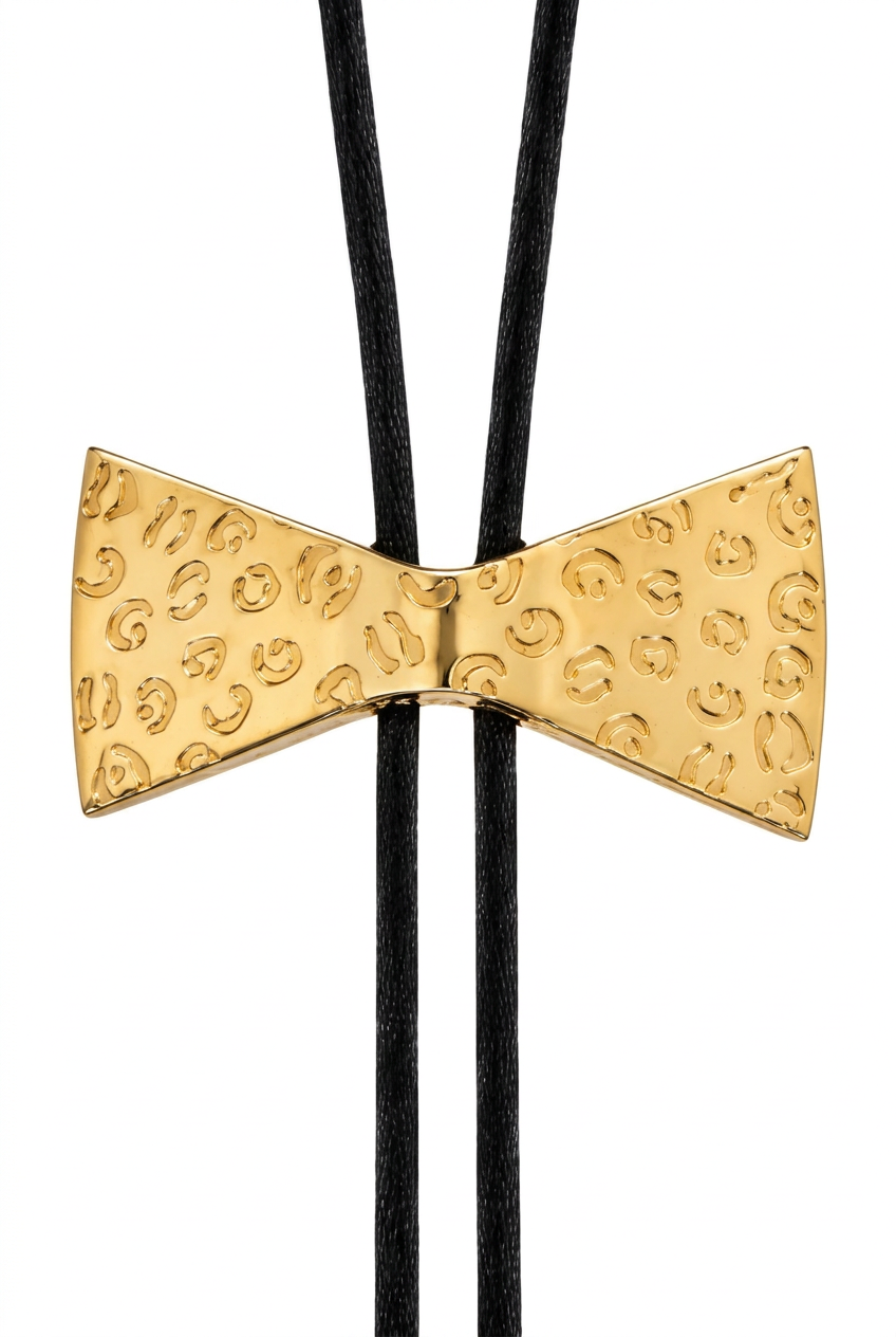 A gold bow tie pendant necklace with a textured, patterned surface, suspended on a black cord against a white background.