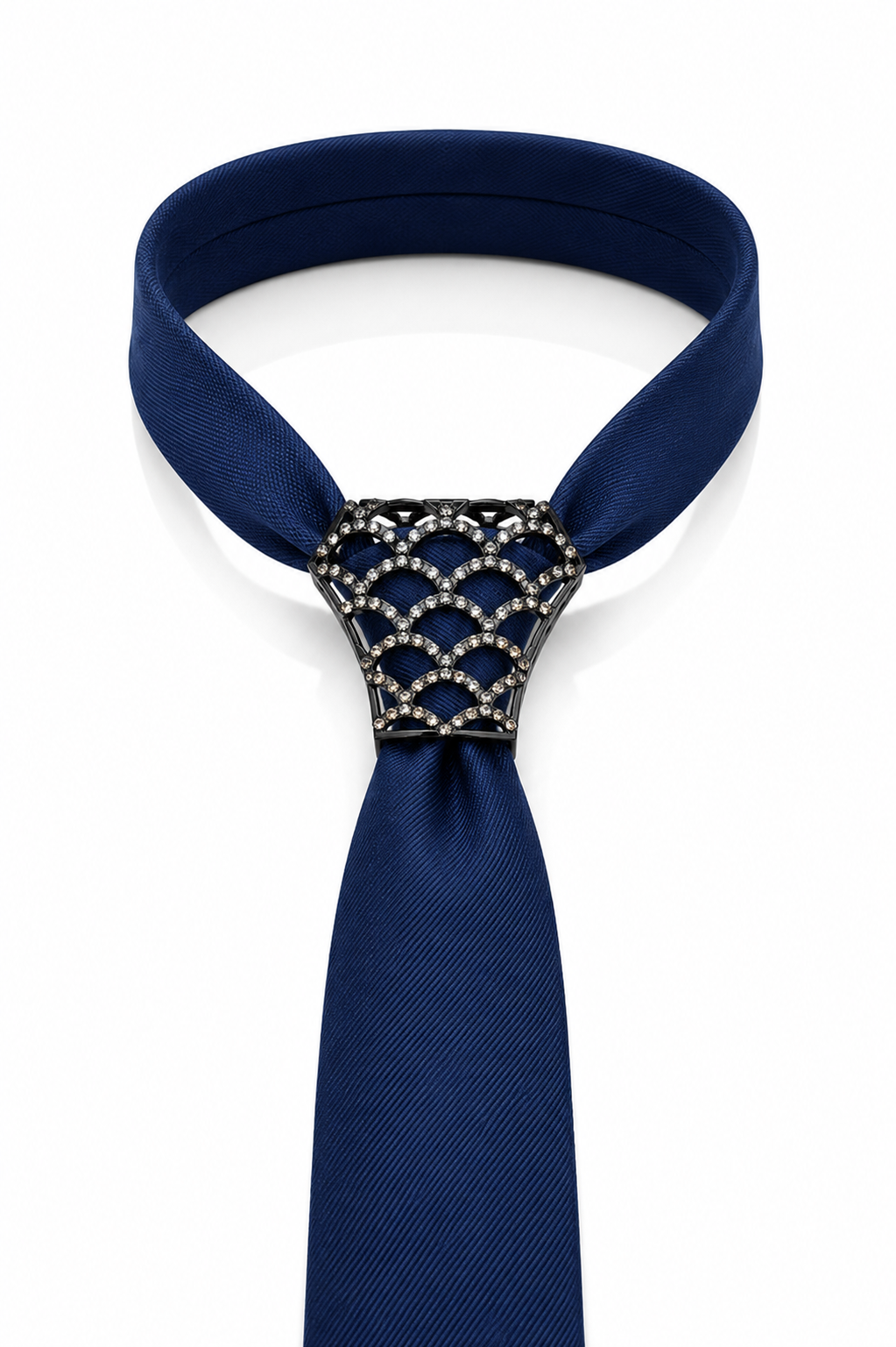 A navy blue necktie with a decorative, scalloped rhinestone-embellished knot closure, shown on a clean white background.