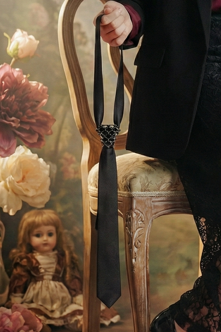 Woman in a black suit and lace skirt sitting on a chair with vintage dolls and flowers in the background