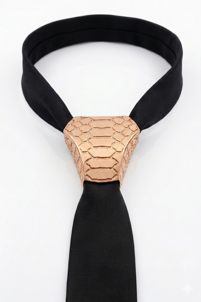 A black necktie with a distinctive metallic rose gold snake-skin patterned knot, displayed on a clean white background.