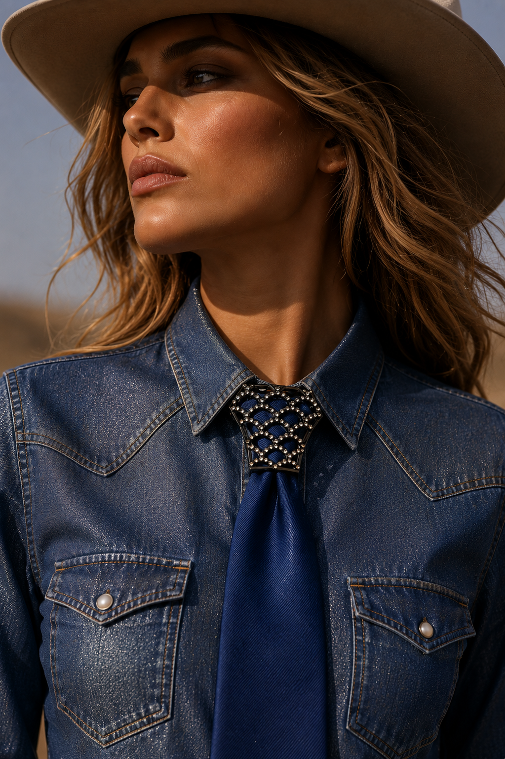 A close-up lifestyle shot of a woman wearing a blue denim shirt jacket, a matching blue tie, and a beige cowboy hat. The tie features a decorative, beaded geometric collar.