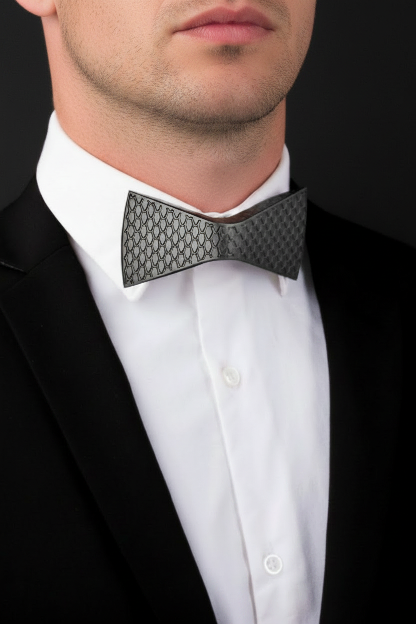Mannequin wearing a white shirt with a black bow tie against a black background