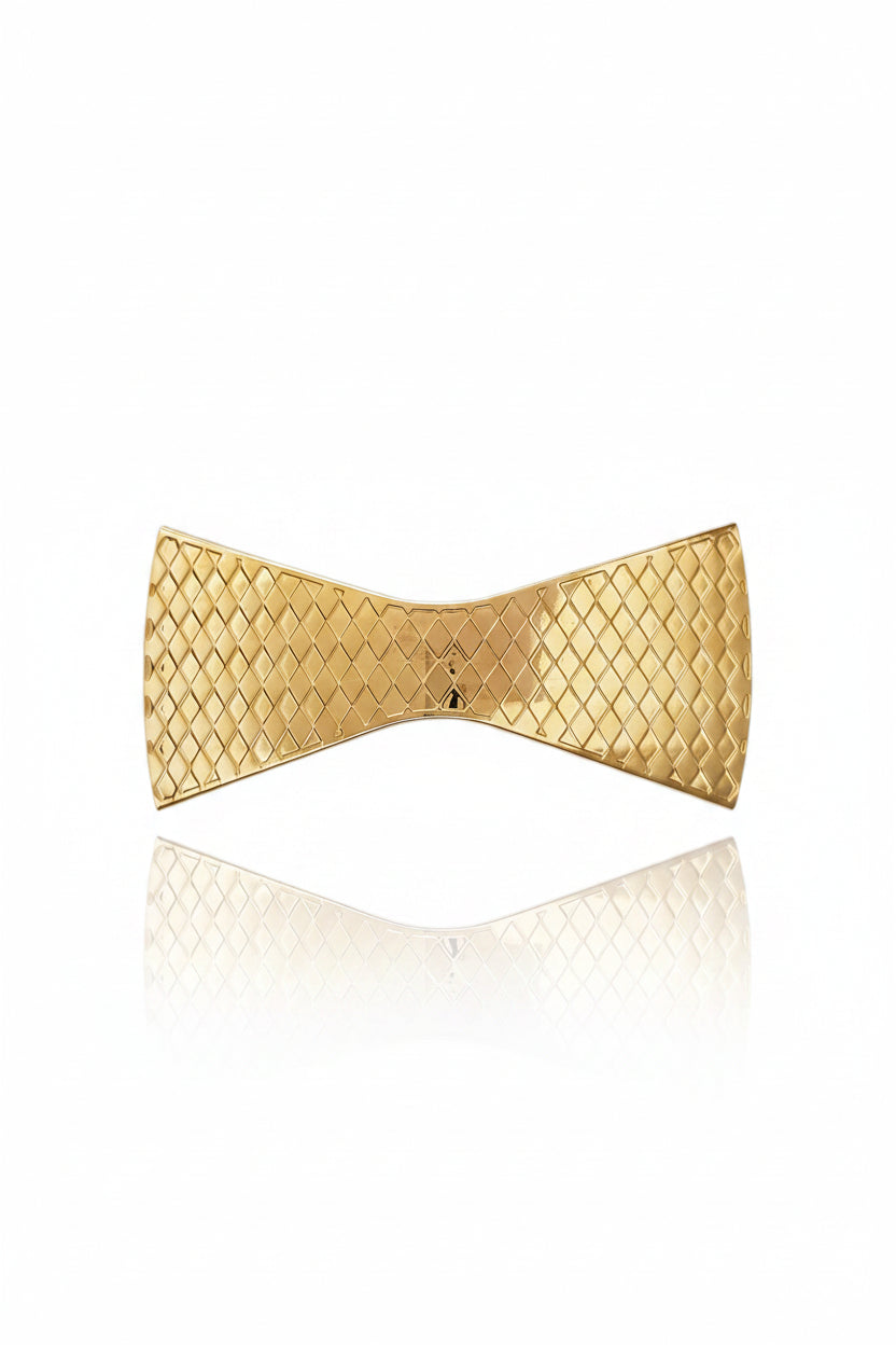 Gold bow tie with textured pattern on a white background