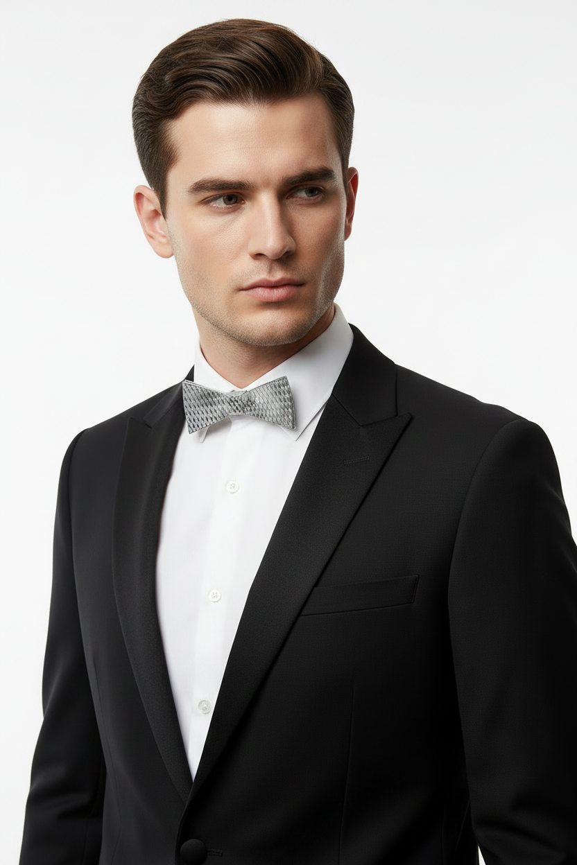 Man wearing a black suit with a white shirt and metal bow tie 