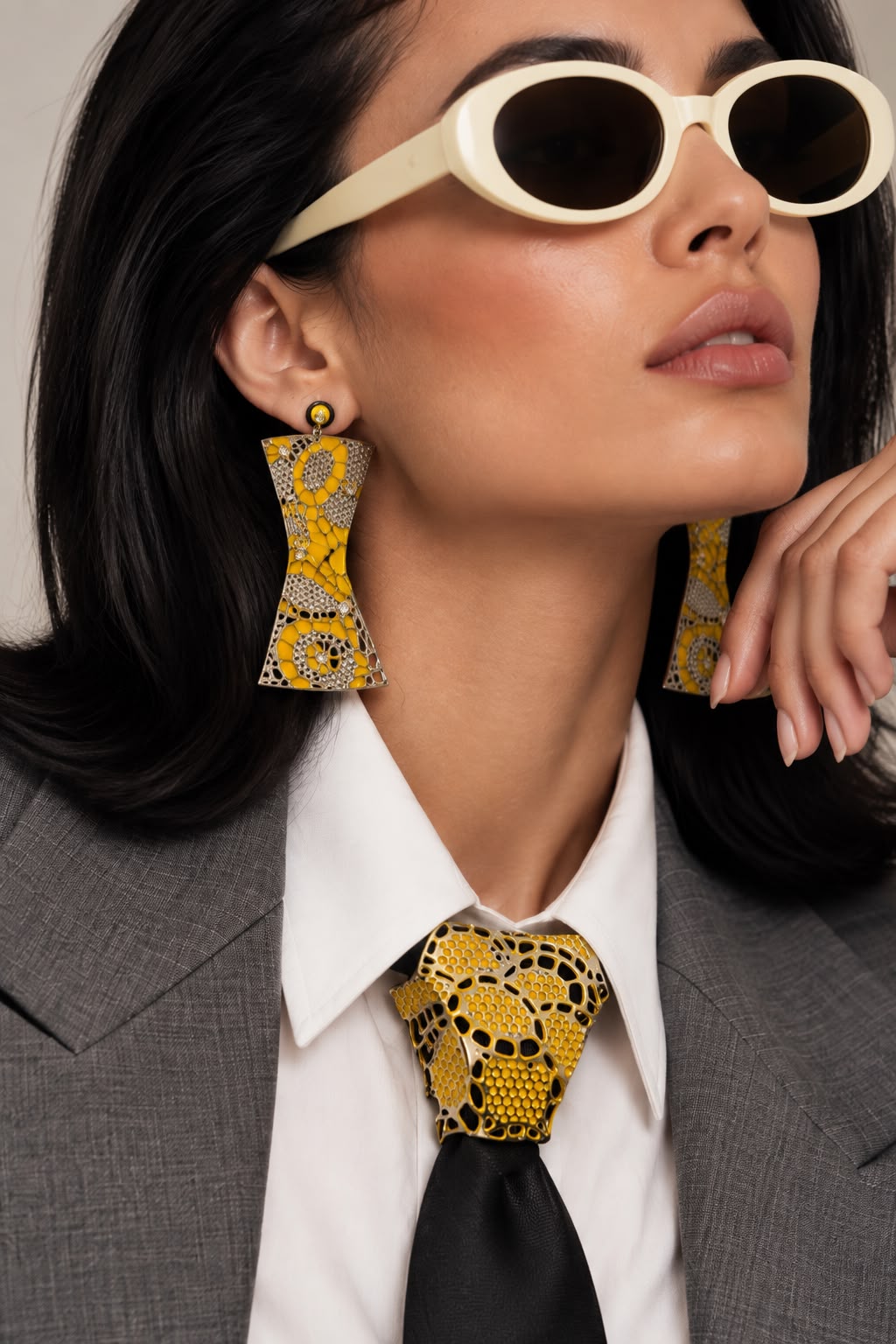 A close-up lifestyle shot of a model wearing a matching yellow and black snakeskin print tie, bow tie, and geometric drop earrings, styled with a white collared shirt, gray blazer, and cream-colored sunglasses.