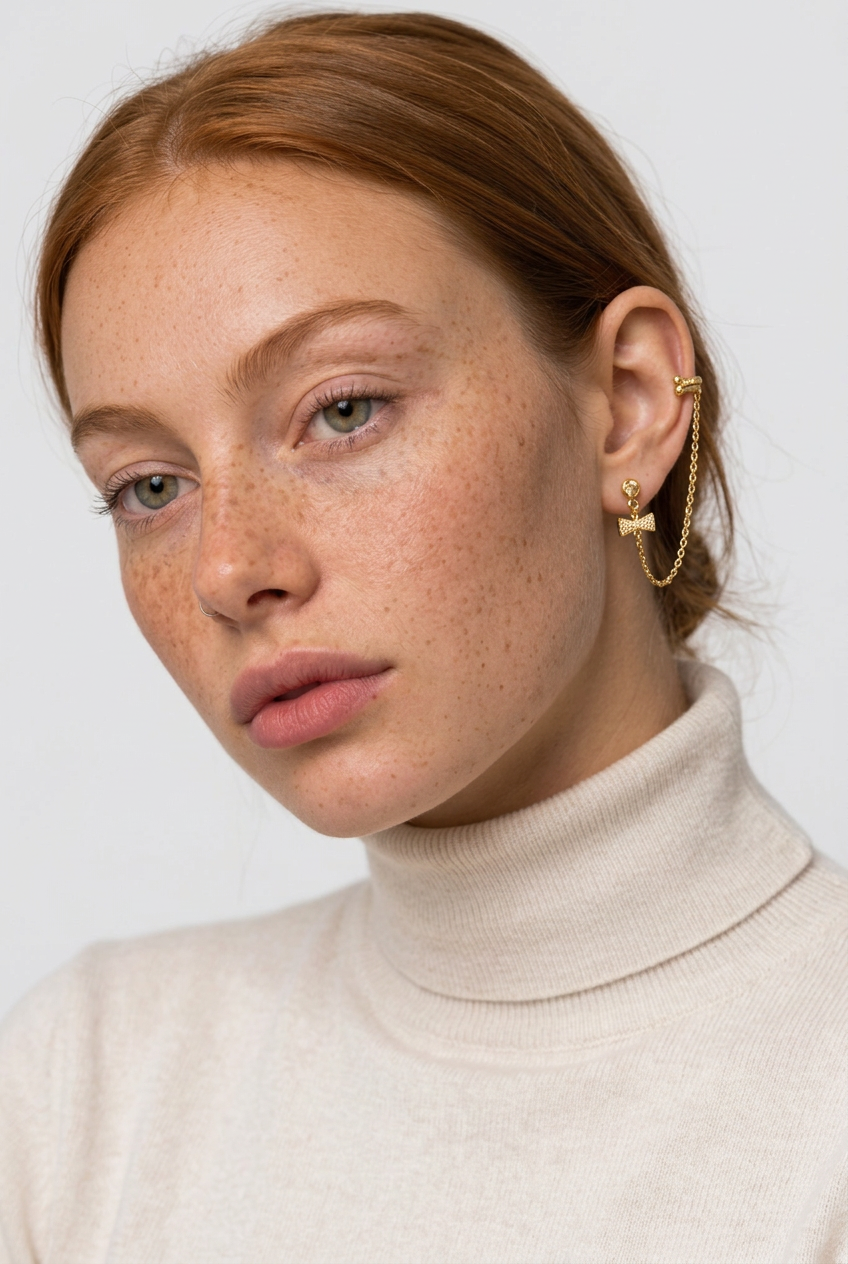 Close-up of a woman with red hair wearing a delicate gold ear cuff with a bow charm, paired with a cream turtleneck sweater against a light gray background.