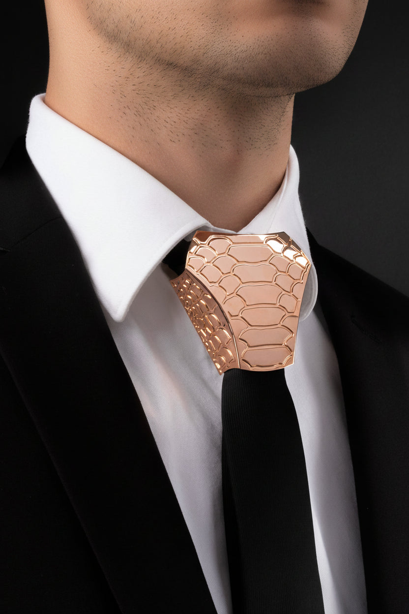 Rose gold tie clip on a white shirt with black jacket