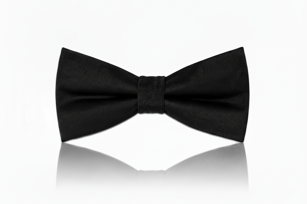 A classic black pre-tied bow tie with a subtle textured weave, centered on a clean white background with a soft reflection below.