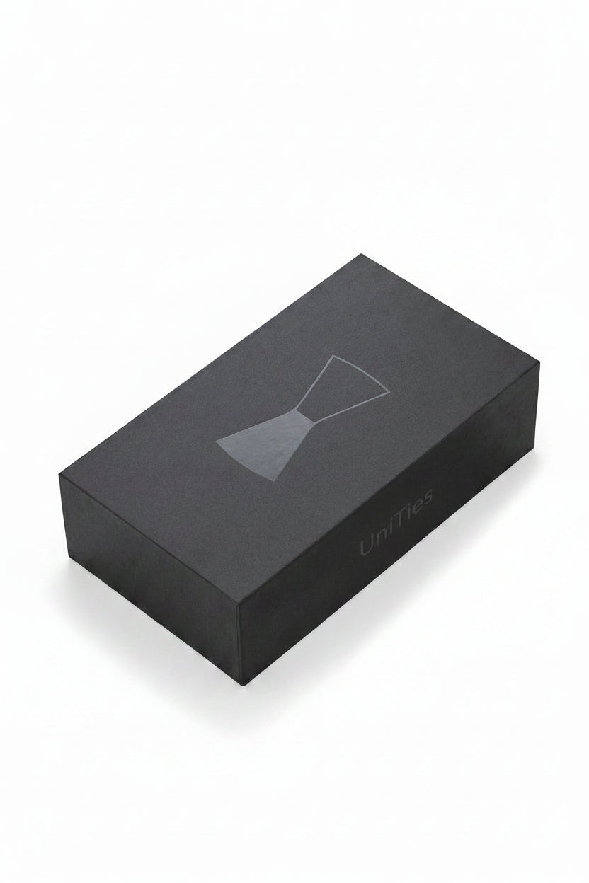 Black box with a bow tie design and 'UniTies' branding on a white background