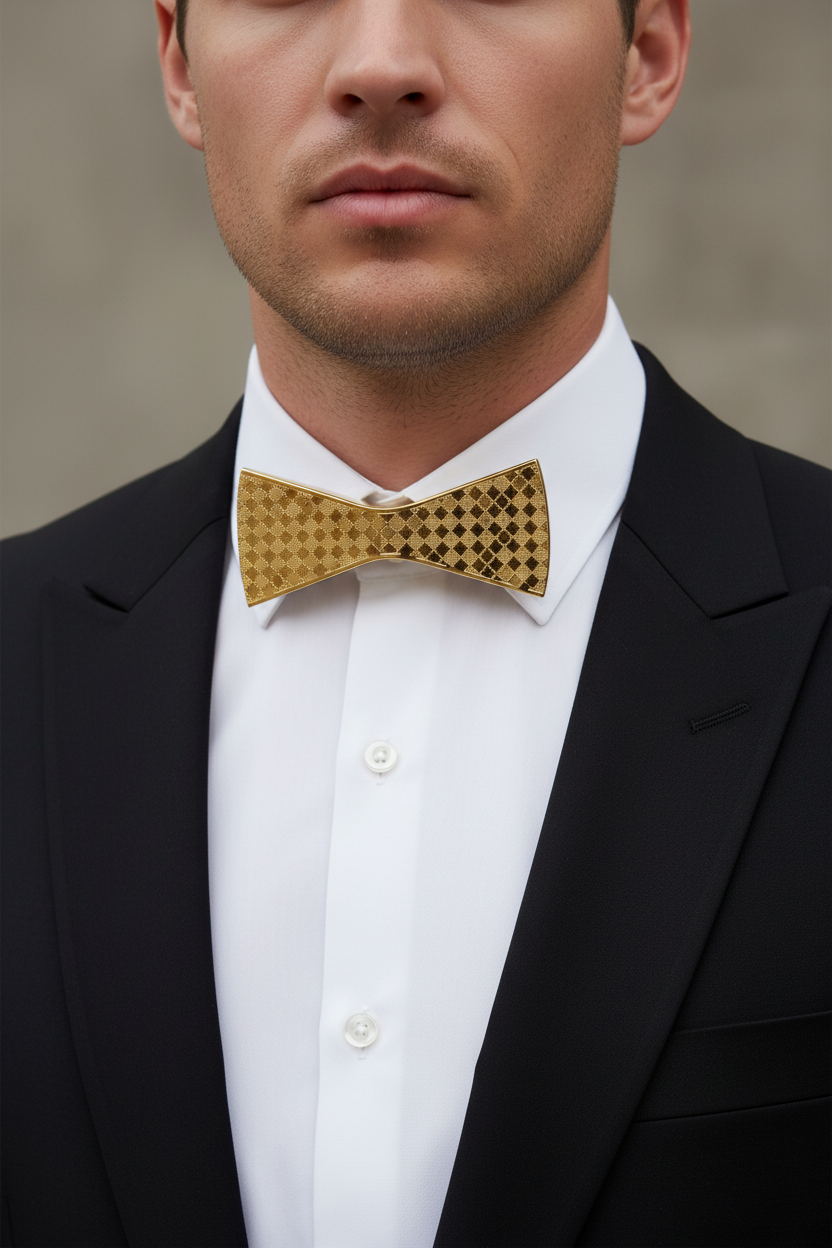 Gold bow tie with geometric pattern on a white background