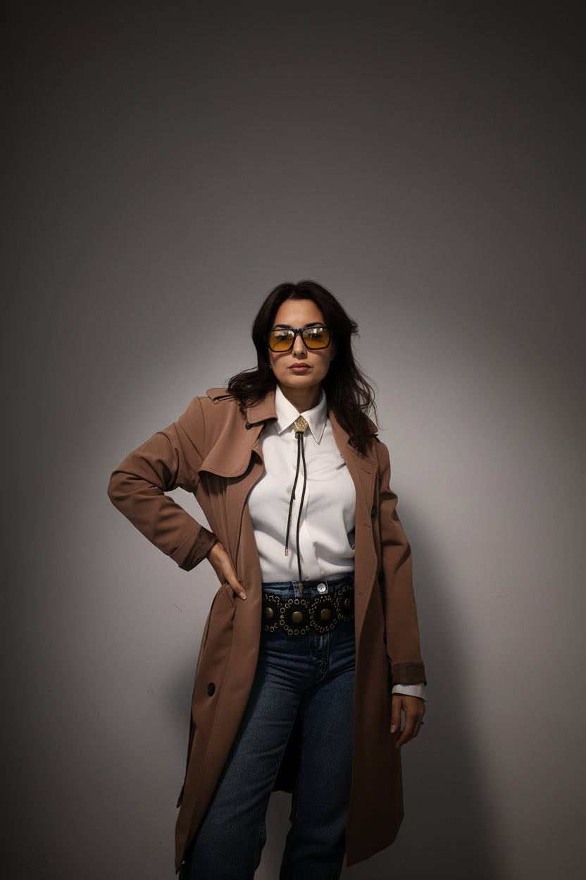 A woman modeling a long tan trench coat over a white collared shirt with a tie, blue jeans, and a wide black belt with gold circular details, set against a plain light gray background.