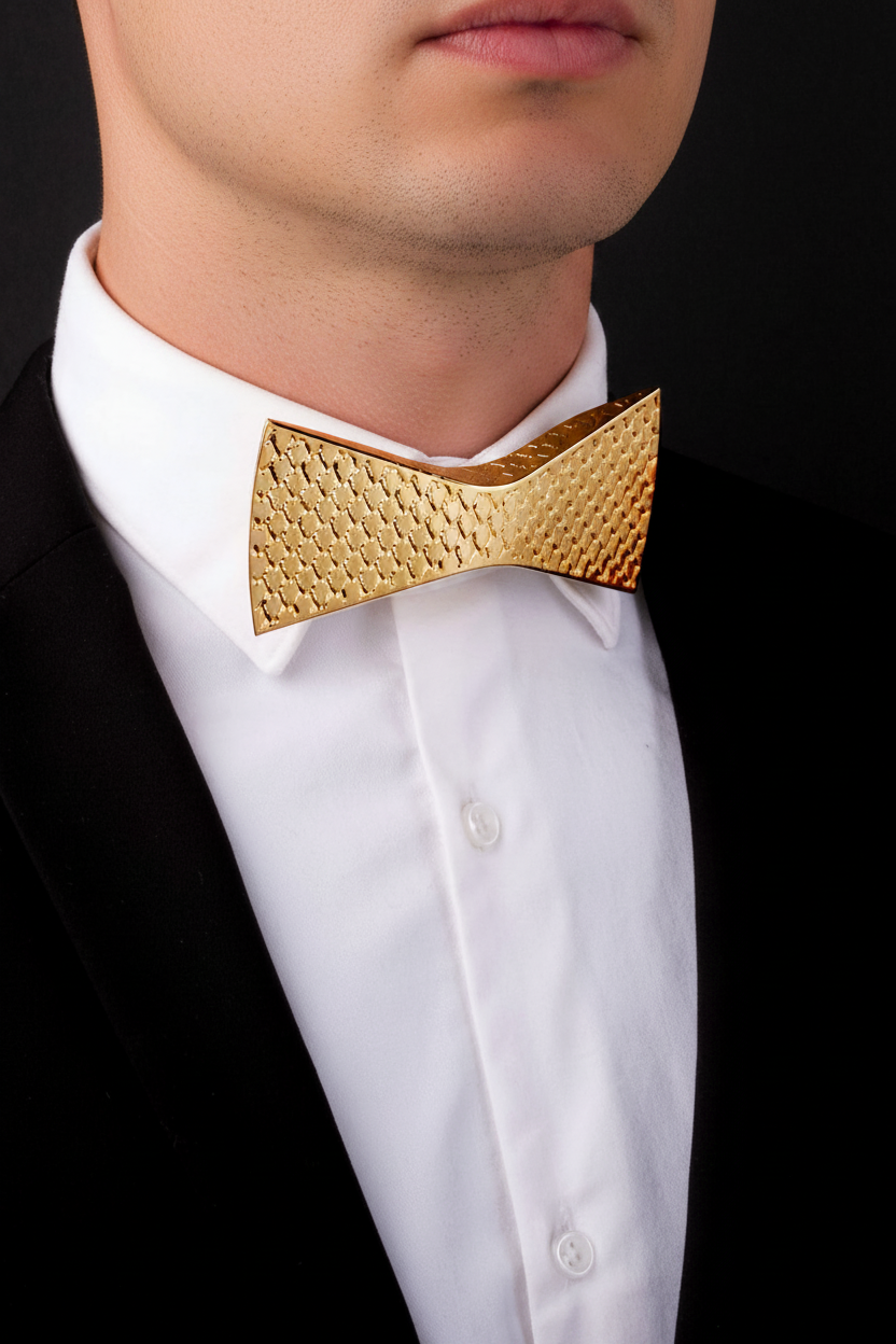 Gold bow tie on a white shirt against a black background