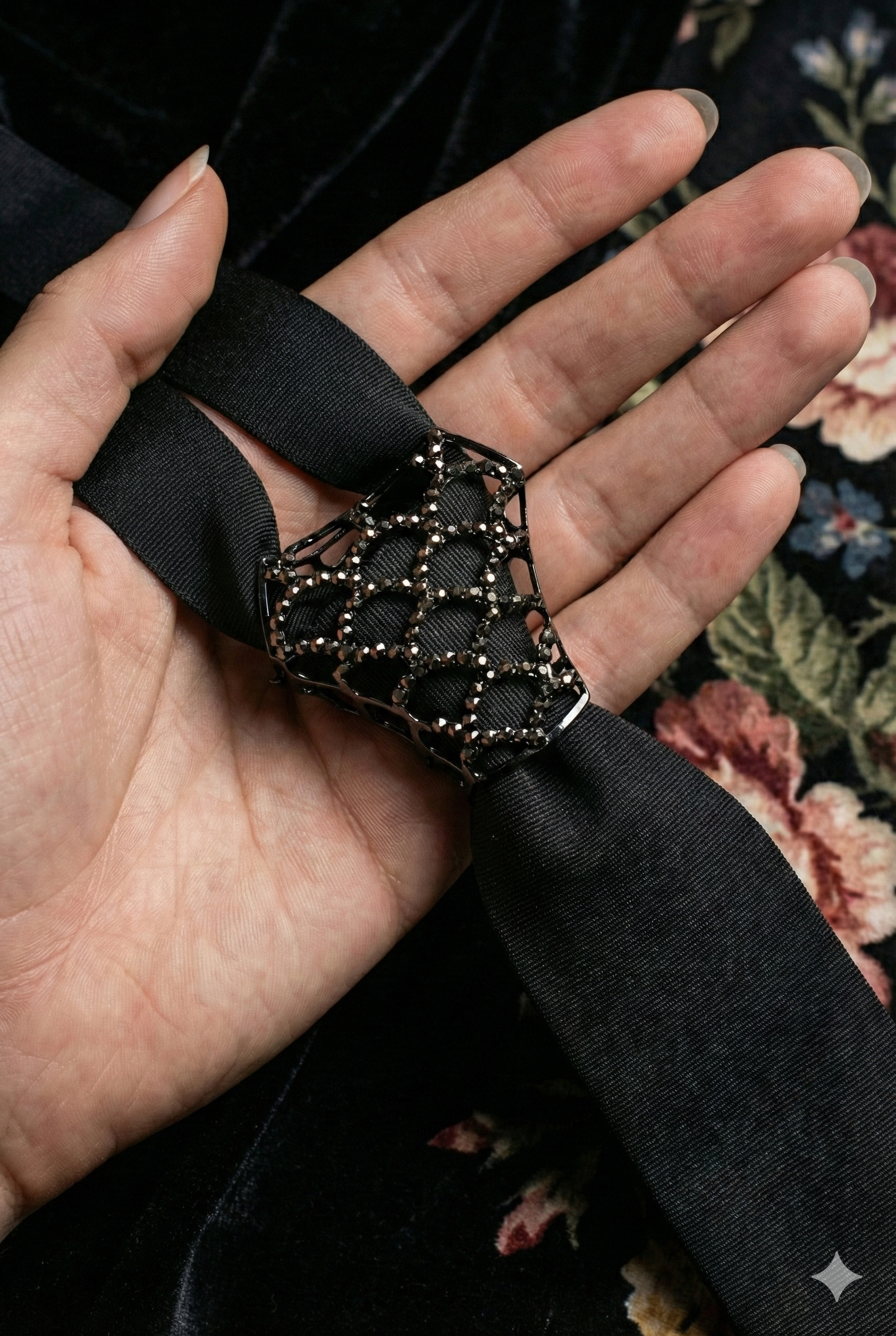 Black ribbon with decorative clasp held in a hand against a floral background