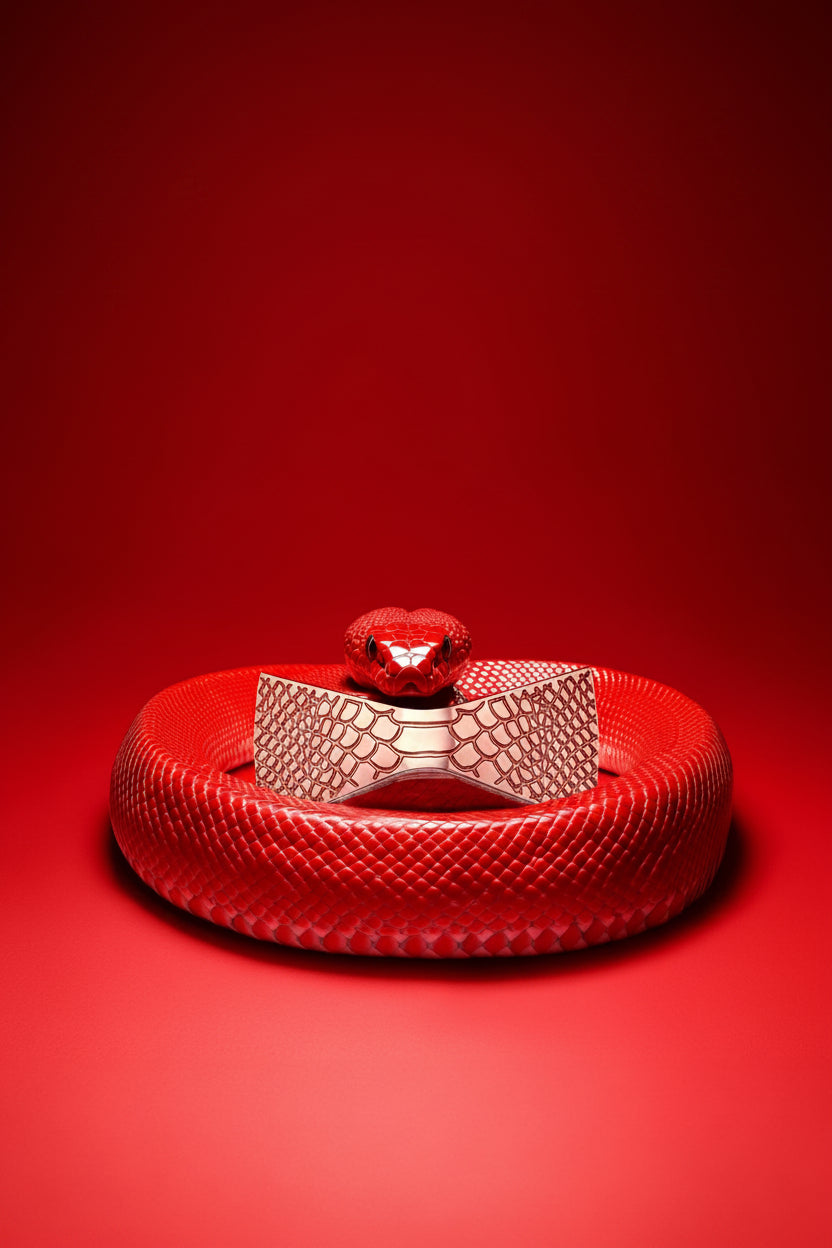 Red snake-shaped bow ties on a red background