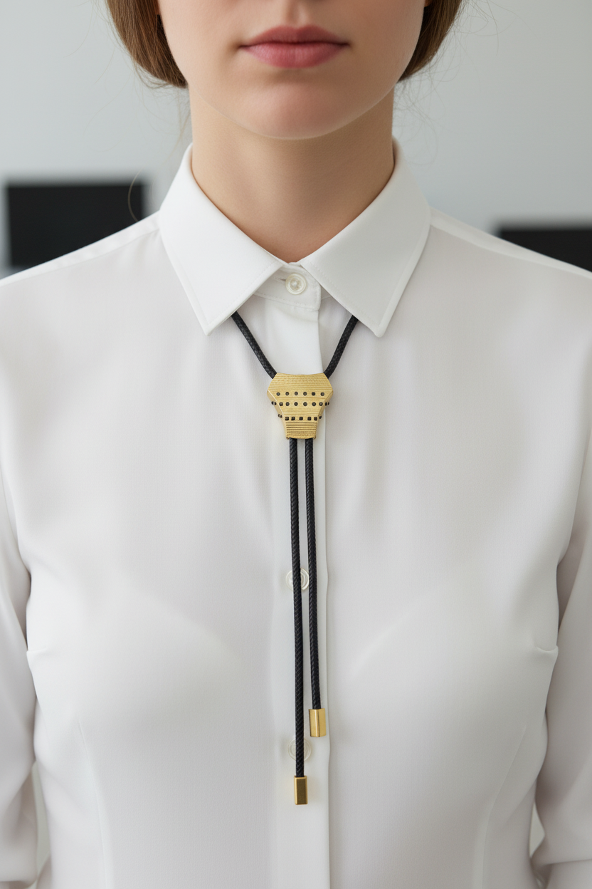 A close-up of a woman wearing a white collared shirt 